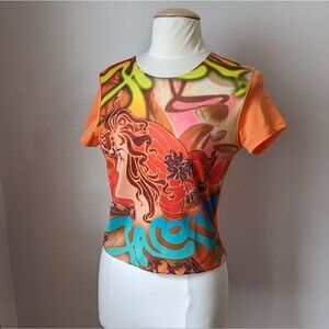 Vintage Y2K Bright Psychedelic Orange Top by Cue Size XL